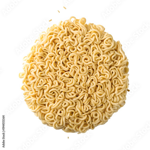 A top down view of a circular mound of uncooked ramen noodles isolated on transparent background