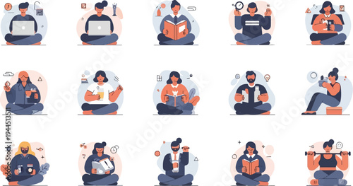 Diverse people engaged in various solo leisure activities like reading, working, and exercising