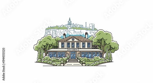 Elegant restaurant building with lush greenery and distant city skyline