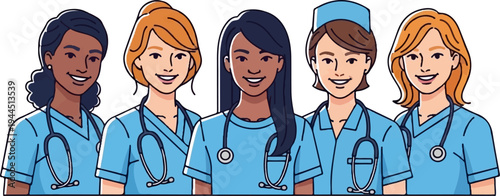 Five diverse healthcare professionals in blue uniforms and stethoscopes