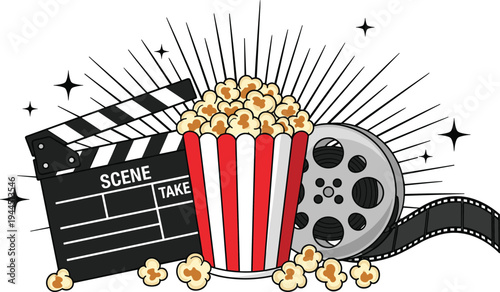 Stylized Cinema Concept Illustration, Red and White Striped Popcorn Bucket, Movie Clapperboard, Silver Film Reel, Isolated On White Background