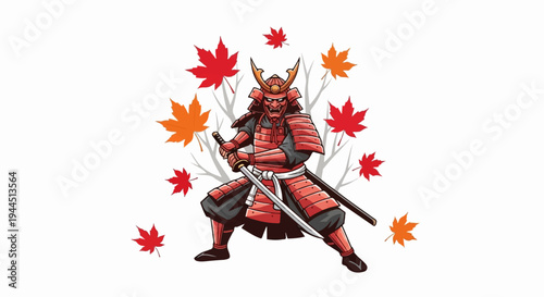 Fierce warrior in ornate armor amidst falling autumn leaves and bare branches