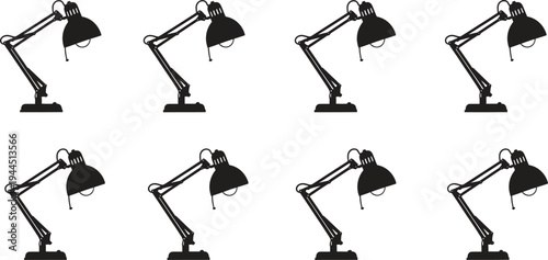 Eight black desk lamps on white background