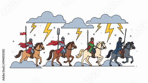 Four warriors on horseback under a stormy, lightning-filled sky