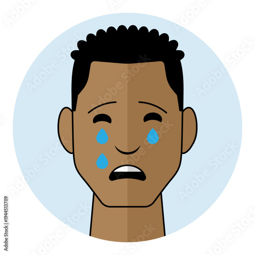 Crying black man avatar with tears and sad mouth expression in flat cartoon style. Male character portrait for crying emotion, grief, sorrow, and mental health support icon.