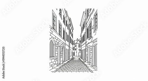 Line drawing of an old European street with cobblestone and tall buildings