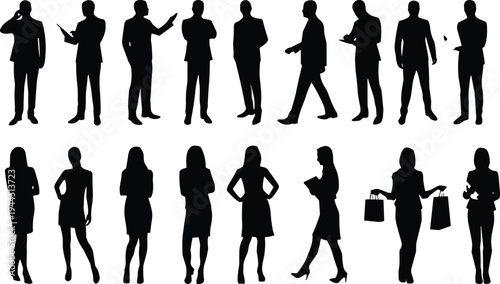 business people silhouettes, business men women collection, professional team silhouettes, corporate people standing poses, business lifestyle illustration, office workers set