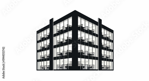 Modern glass office building with interior workspaces