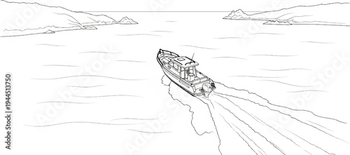 Motorboat speeds across choppy water towards distant, rocky coastlines