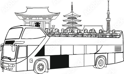 Open-top double-decker bus tour with passengers and landmark buildings