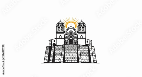 Ornate stone structure with twin towers and sunburst emblem