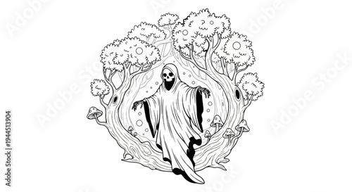 A skeletal ghost floats in a mystical forest with mushrooms and gnarled trees