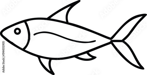 Simple Line Drawing of a Fish with Fins and Tail Isolated on White
