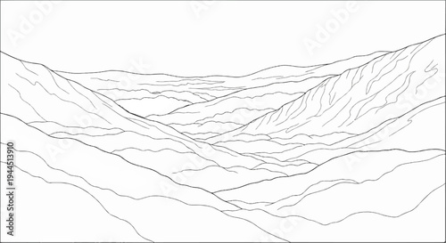Stylized line art depicts rolling hills and distant mountain ridges under a clear sky