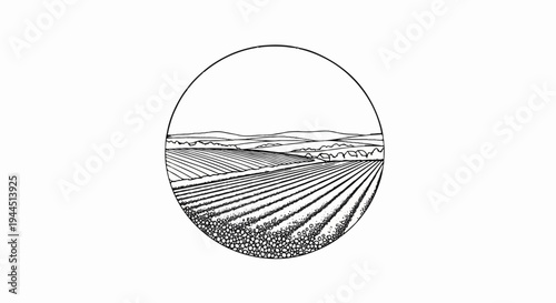Stylized ink drawing of cultivated fields within a circular frame