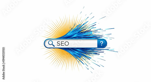 Vibrant search bar with "SEO" and question mark, bursts of blue and yellow