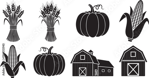 Farm icons and harvest symbols in black and white