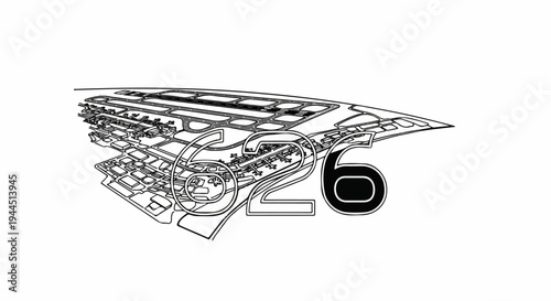Stylized illustration of an airport complex with large numerals