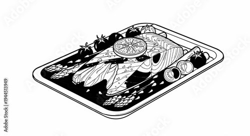 A stylized black and white illustration of a prepared fish dish on a rectangular tray