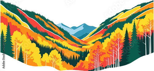 Vibrant mountain valley ablaze with autumnal colors, snow-capped peaks afar