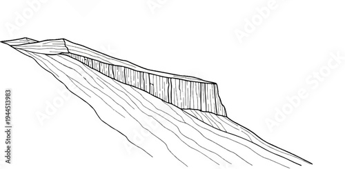 A stark black and white drawing of a receding layered geological formation