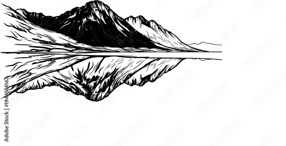 Obraz premium Stylized black and white drawing of majestic mountains reflected in still water