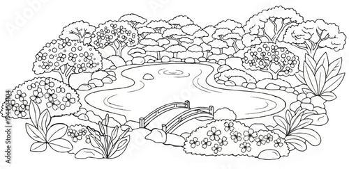 A serene garden scene with a pond, arched bridge, and lush foliage