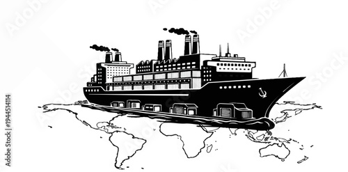 A stylized industrial ship navigates across a world map illustration