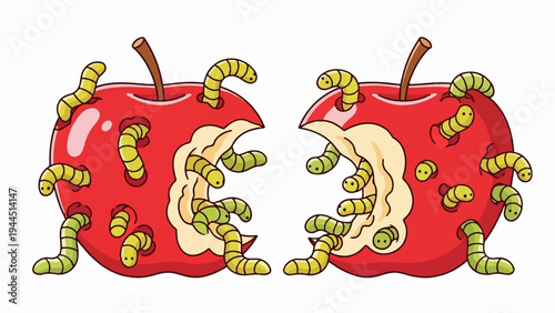 Two halves of a red apple infested with many cartoonish caterpillars