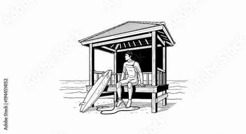 A surfer in a wetsuit sits in a beach pavilion next to his board
