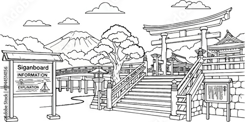 A serene Japanese scene with a torii gate, pagoda, and distant snow-capped mountain