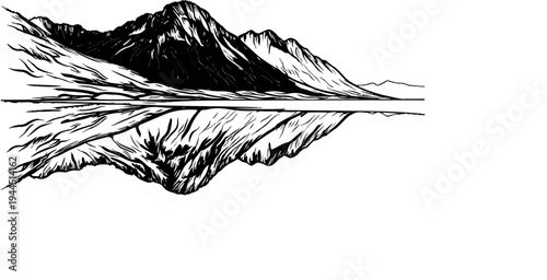 Stylized black and white drawing of majestic mountains reflected in still water