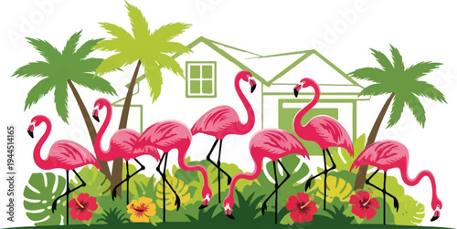 Tropical home with pink flamingos and palm trees