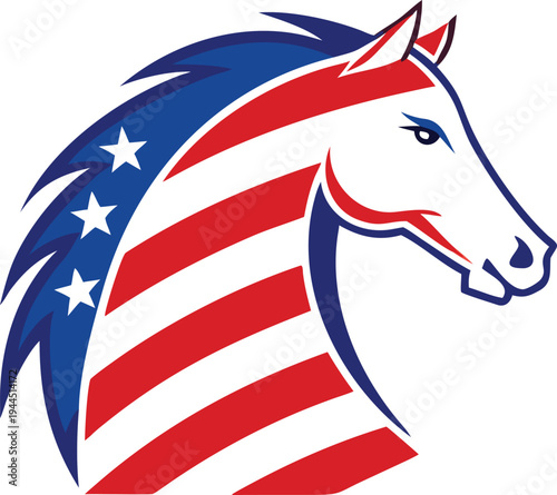 Stylized Horse Head with American Flag Stripes and Stars Patriotic Symbol