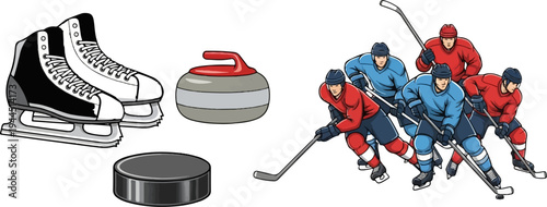 Sports equipment hockey skates, curling stone, puck, and players on ice