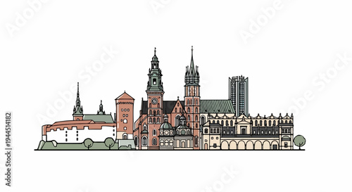 A stylized line drawing showcases a historic cityscape with varied architectural styles
