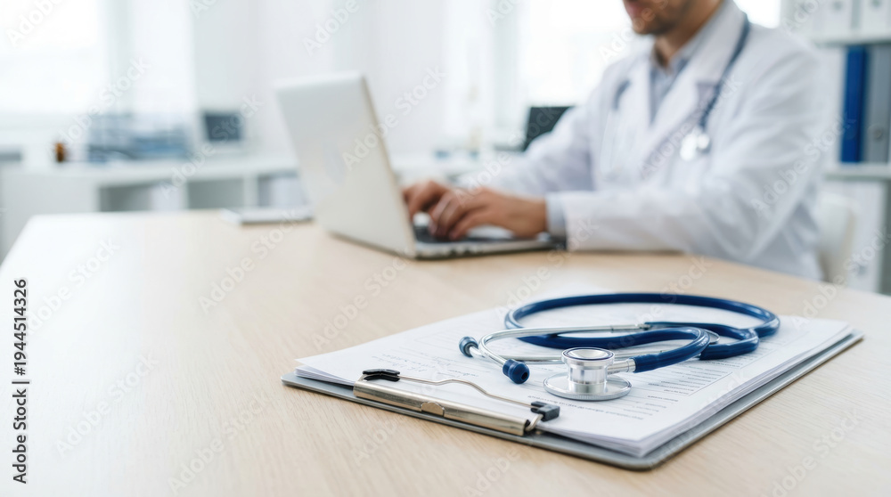 Fototapeta premium Focused professional medical doctor working on laptop at wooden desk in modern clinic with hospital clipboard and stethoscope resting in foreground showing dedicated healthcare