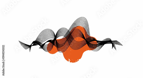 Abstract black lines forming waves over orange blobs on white background