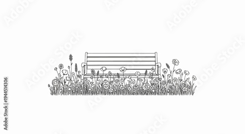 A sketch of a park bench surrounded by blooming wildflowers and tall grass