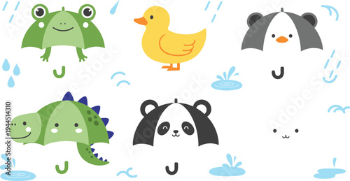 Cute animal umbrellas collection with frog duck panda dinosaur and bear characters in rainy weather kids cartoon vector illustration set