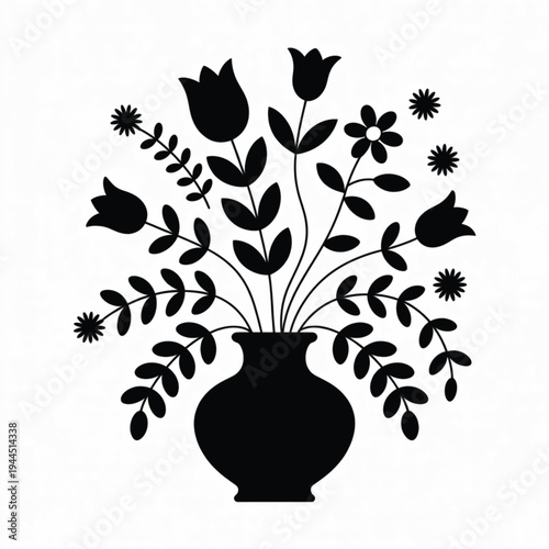 Floral bouquet in vase silhouette vector illustration, decorative botanical flowers arrangement, minimalist black design, nature plant artwork