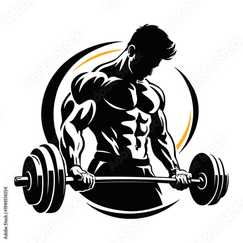 Muscular bodybuilder lifting heavy barbell vector illustration, fitness and gym workout concept, monochrome gym logo or poster design.