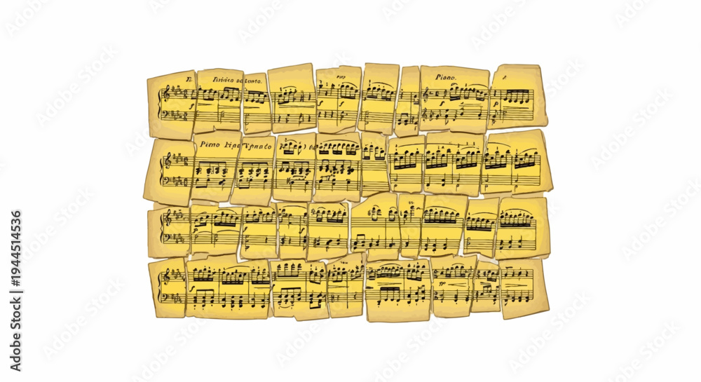 Naklejka premium A scattered collage of yellowed, torn musical sheets