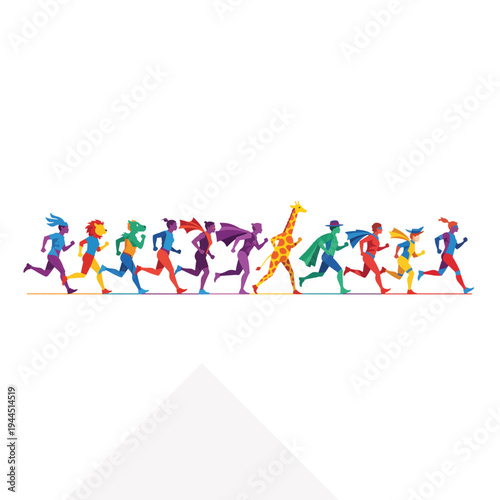 Ultra wide panoramic banner of charity runners in costumes. Vibrant geometric flat design vector illustration. Isolated on transparent background