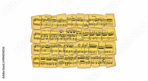 A scattered collage of yellowed, torn musical sheets