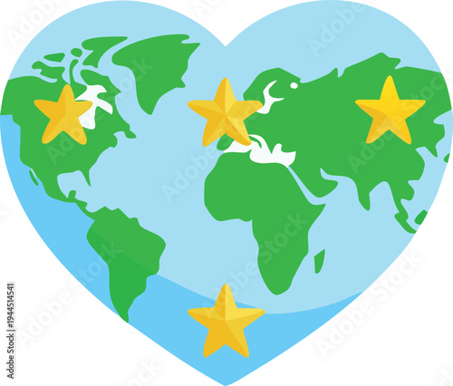 World Map Heart Shape with Stars for Global Travel Destinations and Exploration