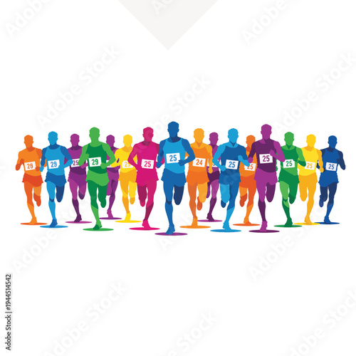 Panoramic banner of elite marathon runners with bib numbers. Vibrant geometric flat design vector illustration. Isolated on transparent background