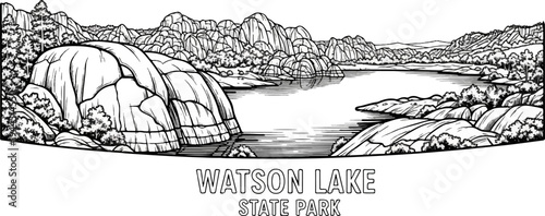 A serene natural landscape features a tranquil lake surrounded by rocky formations and trees