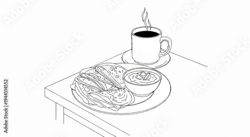 A warm cup of coffee steaming next to a plate of folded crepes and dipping sauce