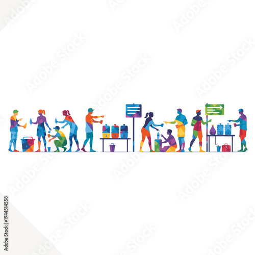 Panoramic banner of marathon hydration station with volunteers. Vibrant geometric flat design vector illustration. Isolated on transparent background